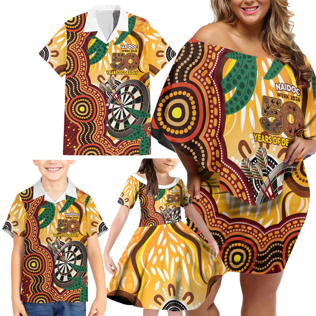 Darts Australia NAIDOC Week 2026 Personalised Family Matching Off Shoulder Short Dress and Hawaiian Shirt 50 Years Deadly Eucalyptus Indigenous Art