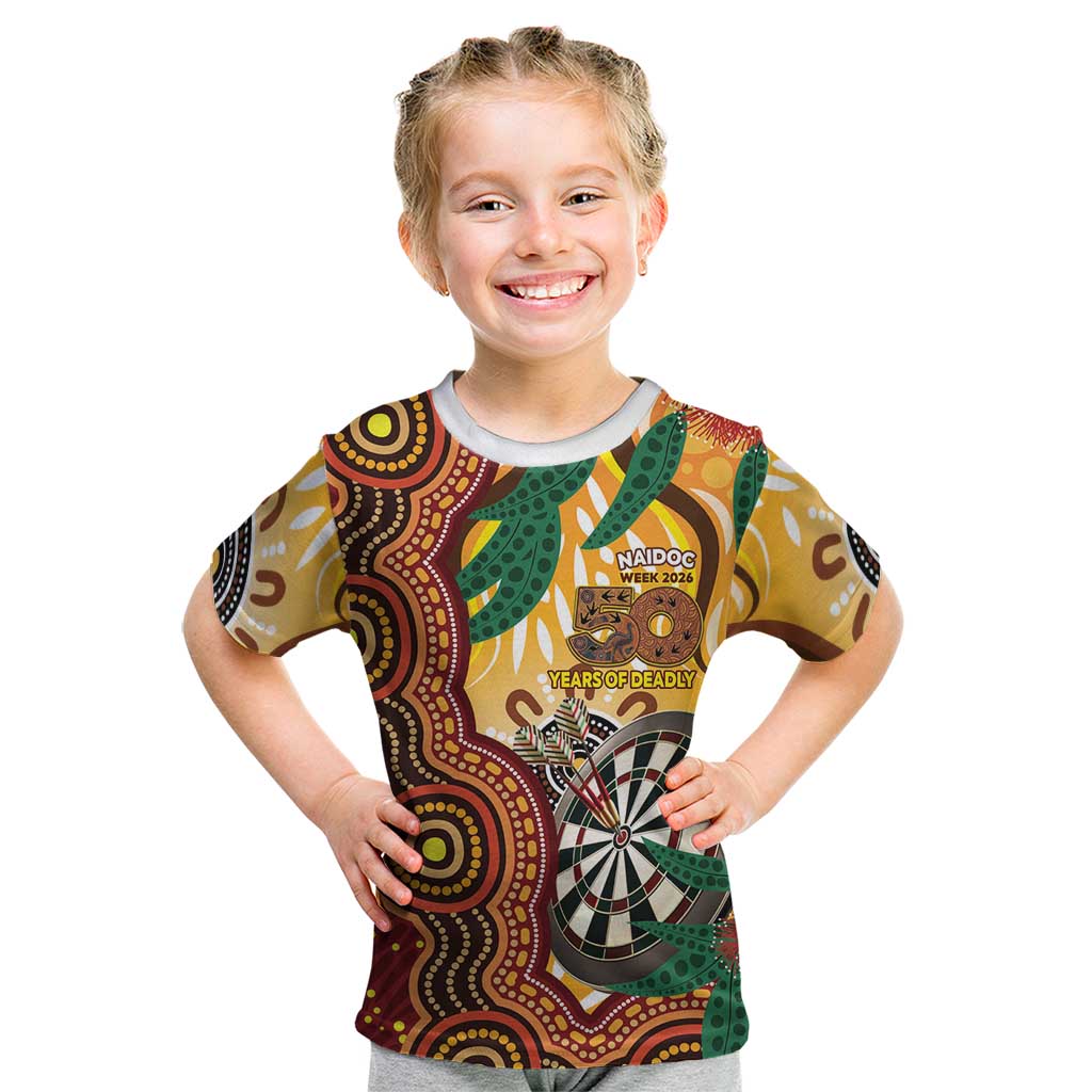 Darts Australia NAIDOC Week 2026 Personalised Kid T Shirt 50 Years Deadly Eucalyptus Indigenous Art