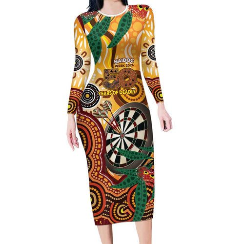 Darts Australia NAIDOC Week 2026 Personalised Long Sleeve Bodycon Dress 50 Years Deadly Eucalyptus Indigenous Art