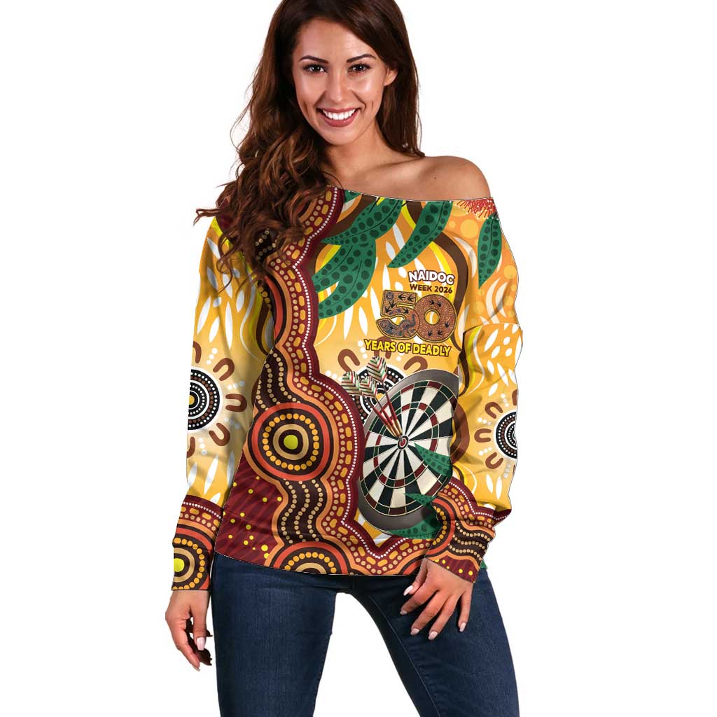 Darts Australia NAIDOC Week 2026 Personalised Off Shoulder Sweater 50 Years Deadly Eucalyptus Indigenous Art