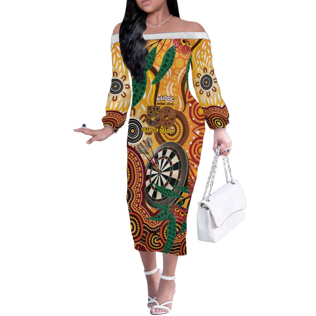 Darts Australia NAIDOC Week 2026 Personalised Off The Shoulder Long Sleeve Dress 50 Years Deadly Eucalyptus Indigenous Art