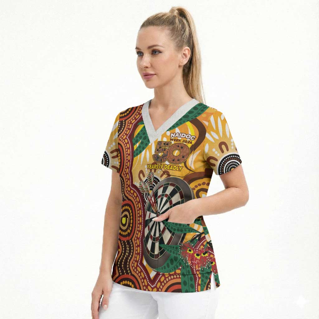 Darts Australia NAIDOC Week 2026 Personalised Scrub Top 50 Years Deadly Eucalyptus Indigenous Art