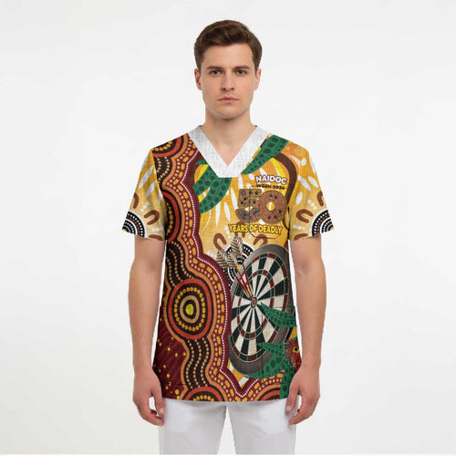 Darts Australia NAIDOC Week 2026 Personalised Scrub Top 50 Years Deadly Eucalyptus Indigenous Art