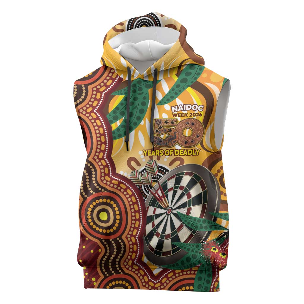Darts Australia NAIDOC Week 2026 Personalised Sleeveless Hoodie 50 Years Deadly Eucalyptus Indigenous Art