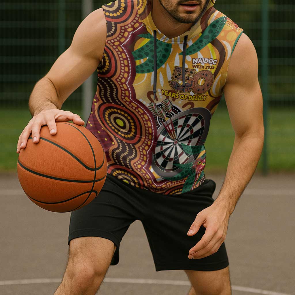 Darts Australia NAIDOC Week 2026 Personalised Sleeveless Hoodie 50 Years Deadly Eucalyptus Indigenous Art