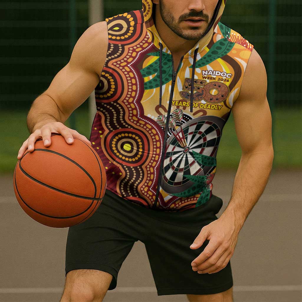 Darts Australia NAIDOC Week 2026 Personalised Sleeveless Zip Hoodie 50 Years Deadly Eucalyptus Indigenous Art