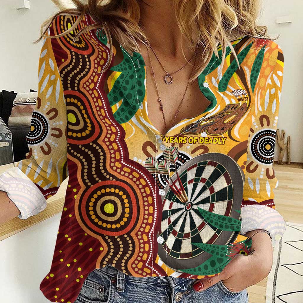 Darts Australia NAIDOC Week 2026 Personalised Women Casual Shirt 50 Years Deadly Eucalyptus Indigenous Art