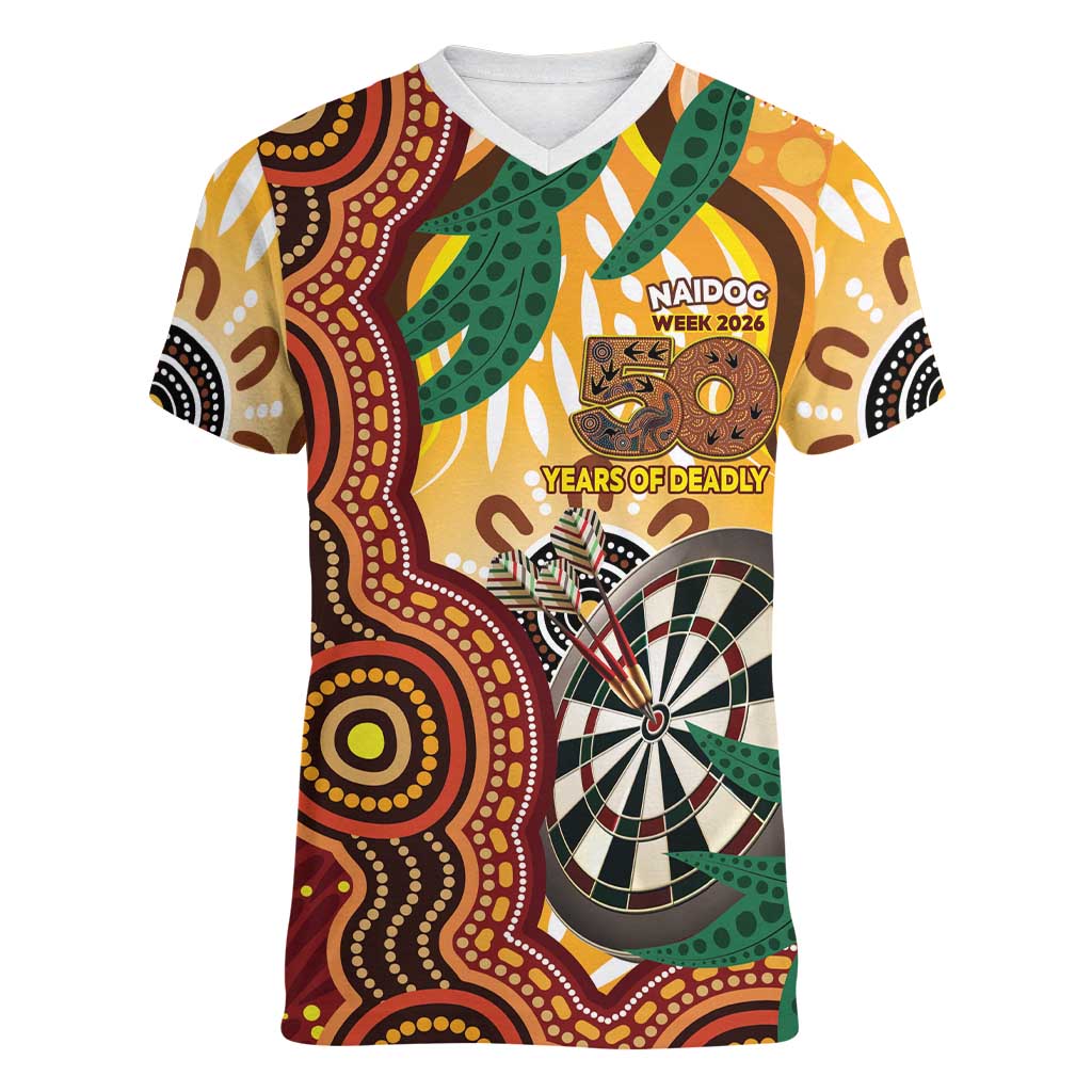 Darts Australia NAIDOC Week 2026 Personalised Women V-Neck T-Shirt 50 Years Deadly Eucalyptus Indigenous Art