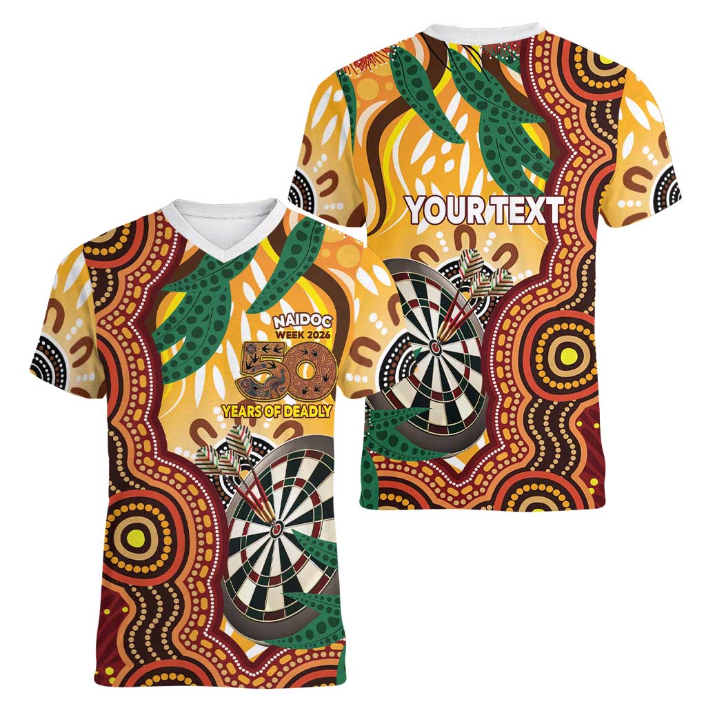 Darts Australia NAIDOC Week 2026 Personalised Women V-Neck T-Shirt 50 Years Deadly Eucalyptus Indigenous Art