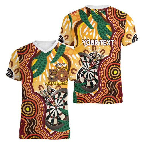Darts Australia NAIDOC Week 2026 Personalised Women V-Neck T-Shirt 50 Years Deadly Eucalyptus Indigenous Art