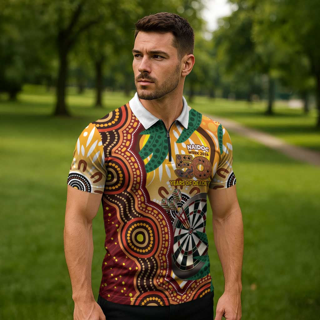 Darts Australia NAIDOC Week 2026 Personalised Zipper Polo Shirt 50 Years Deadly Eucalyptus Indigenous Art
