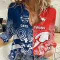 Personalised Swans And Cats Football Women Casual Shirt Sydney Mix Geelong Indigenous LT14