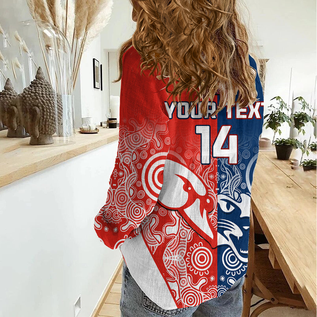 Personalised Swans And Cats Football Women Casual Shirt Sydney Mix Geelong Indigenous LT14