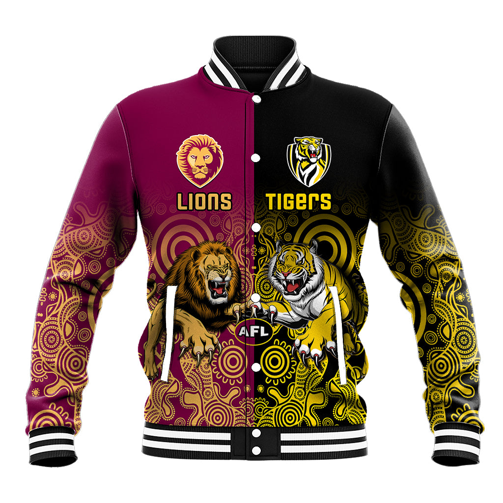 personalised-richmond-and-brisbane-lions-football-baseball-jacket-indigenous-art-version