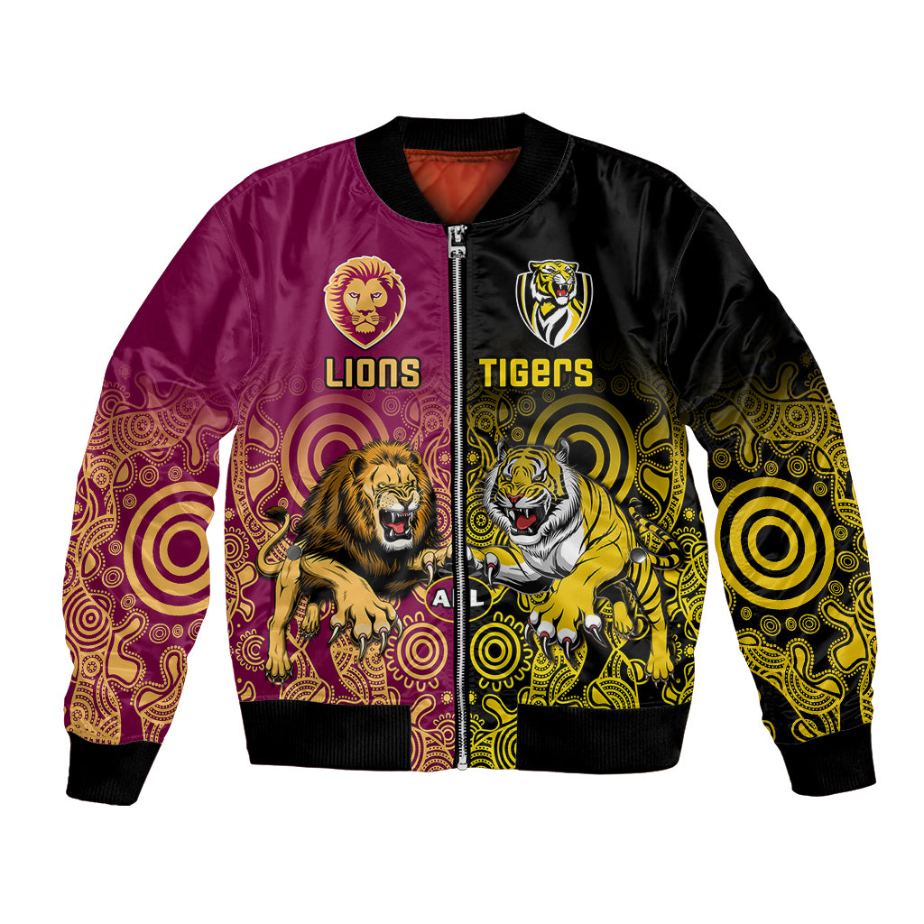 personalised-richmond-and-brisbane-lions-football-bomber-jacket-indigenous-art-version