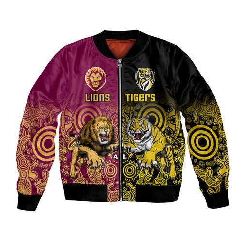 personalised-richmond-and-brisbane-lions-football-bomber-jacket-indigenous-art-version