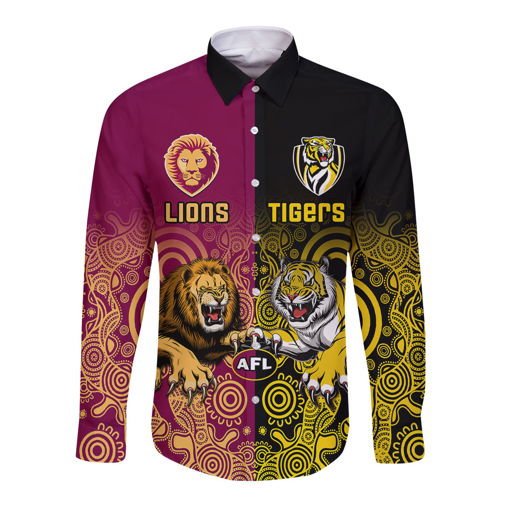 personalised-richmond-and-brisbane-lions-football-long-sleeve-button-shirt-indigenous-art-version
