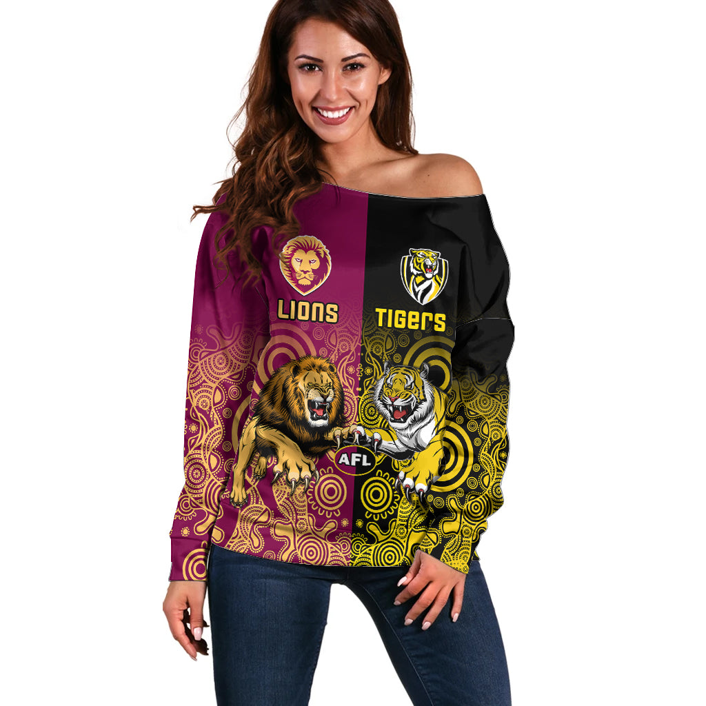 personalised-richmond-and-brisbane-lions-football-off-shoulder-sweater-indigenous-art-version
