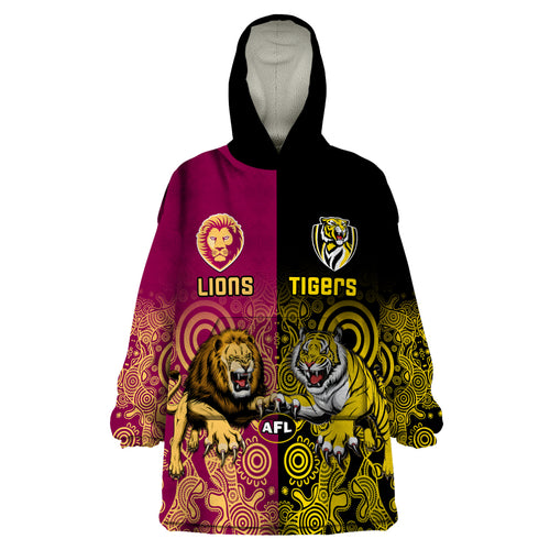 personalised-richmond-and-brisbane-lions-football-wearable-blanket-hoodie-indigenous-art-version