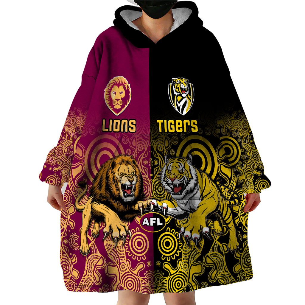 personalised-richmond-and-brisbane-lions-football-wearable-blanket-hoodie-indigenous-art-version