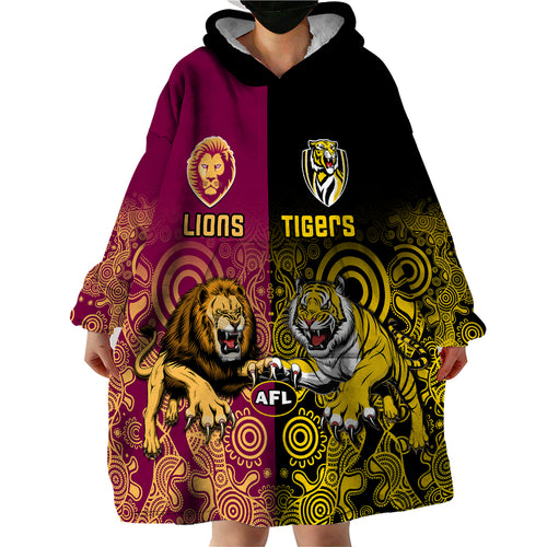 personalised-richmond-and-brisbane-lions-football-wearable-blanket-hoodie-indigenous-art-version
