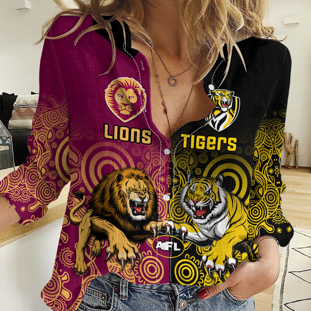 Personalised Richmond And Brisbane Lions Football Women Casual Shirt Indigenous Art Version LT14