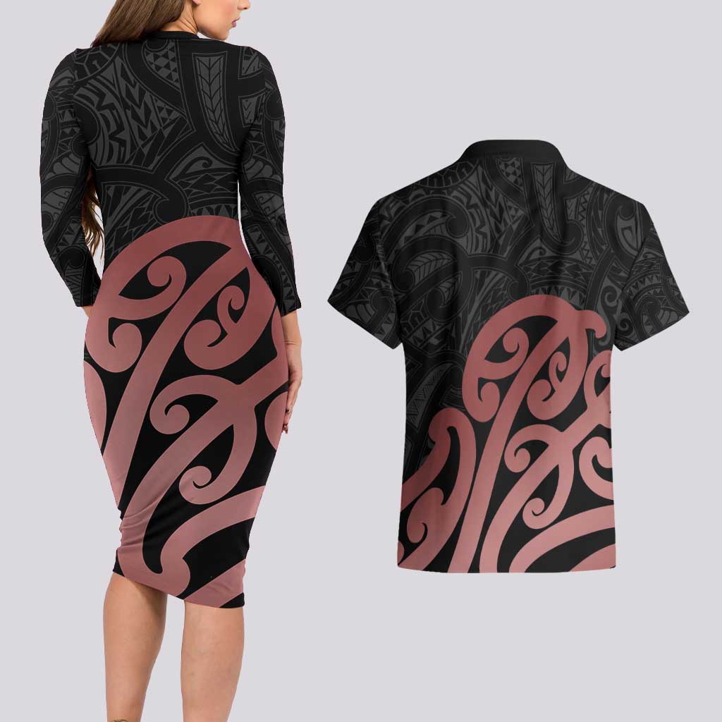 New Zealand Mangopare Tamanako Couples Matching Long Sleeve Bodycon Dress and Hawaiian Shirt Aotearoa Maori