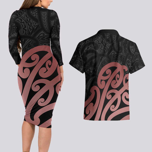 New Zealand Mangopare Tamanako Couples Matching Long Sleeve Bodycon Dress and Hawaiian Shirt Aotearoa Maori