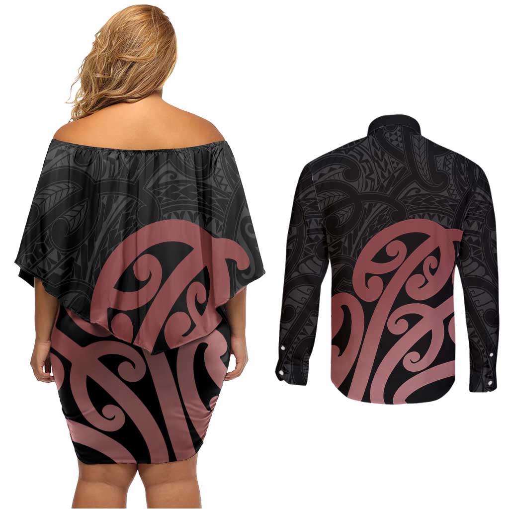 New Zealand Mangopare Tamanako Couples Matching Off Shoulder Short Dress and Long Sleeve Button Shirt Aotearoa Maori