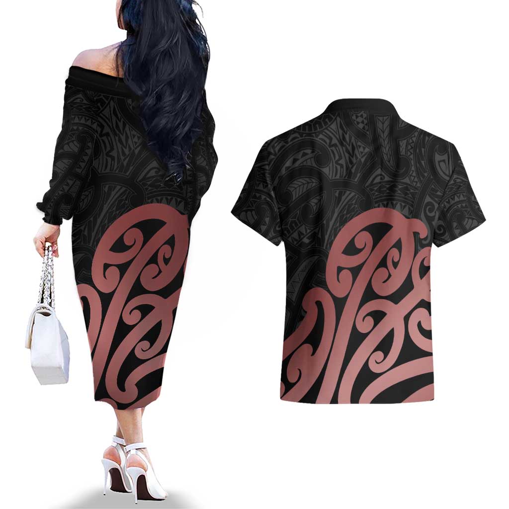 New Zealand Mangopare Tamanako Couples Matching Off The Shoulder Long Sleeve Dress and Hawaiian Shirt Aotearoa Maori