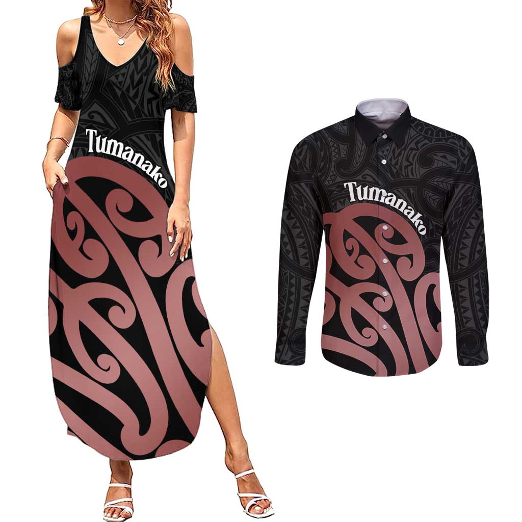 New Zealand Mangopare Tamanako Couples Matching Summer Maxi Dress and Long Sleeve Button Shirt Aotearoa Maori