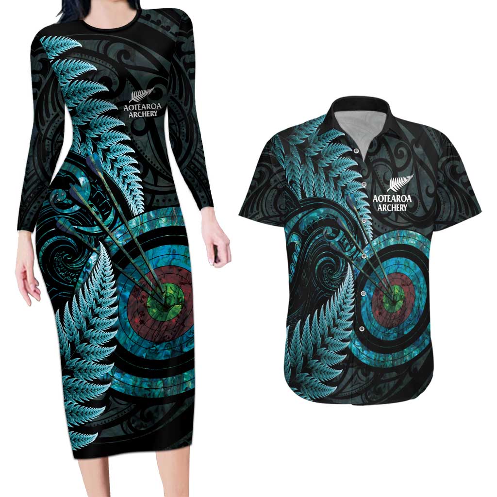 New Zealand Archery Couples Matching Long Sleeve Bodycon Dress and Hawaiian Shirt Aotearoa Silver Fern Maori - Aussie Hoodie