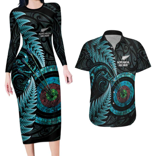New Zealand Archery Couples Matching Long Sleeve Bodycon Dress and Hawaiian Shirt Aotearoa Silver Fern Maori - Aussie Hoodie