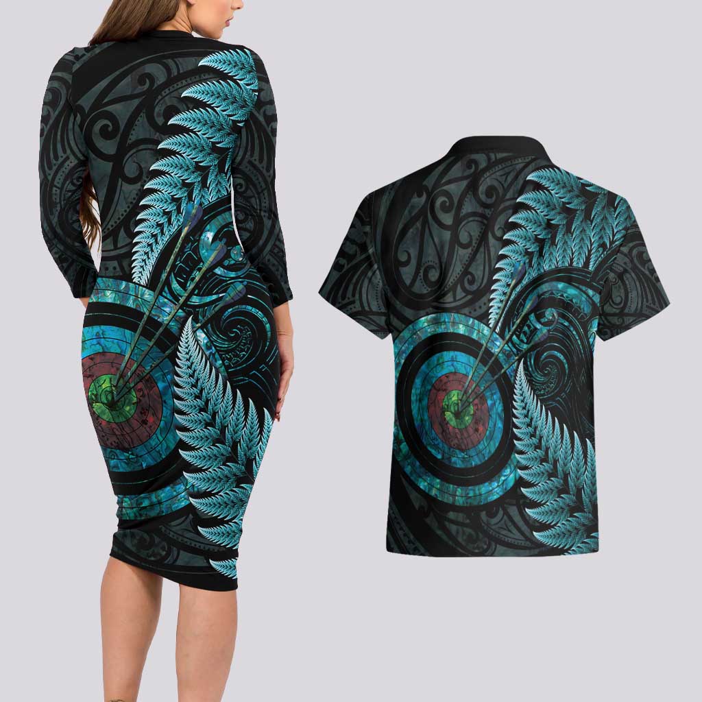 New Zealand Archery Couples Matching Long Sleeve Bodycon Dress and Hawaiian Shirt Aotearoa Silver Fern Maori - Aussie Hoodie