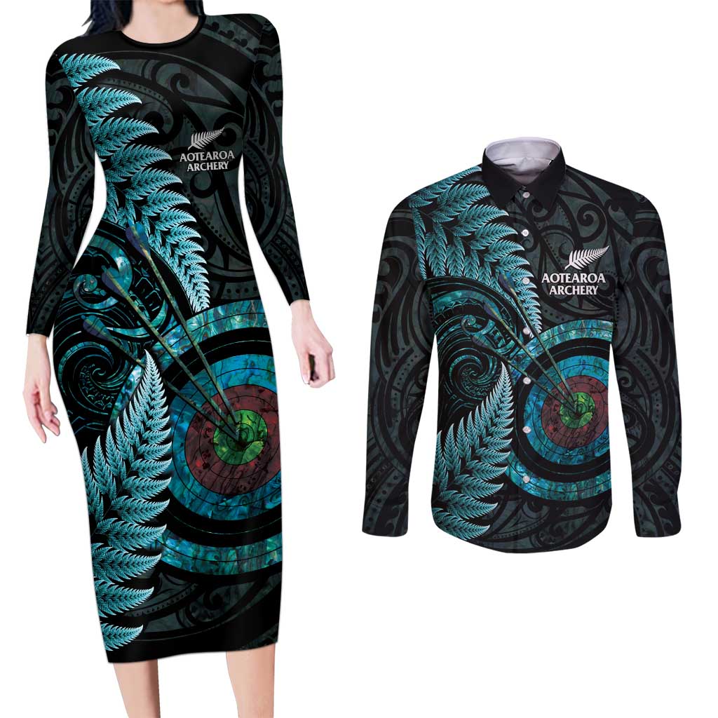 New Zealand Archery Couples Matching Long Sleeve Bodycon Dress and Long Sleeve Button Shirt Aotearoa Silver Fern Maori - Aussie Hoodie
