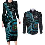 New Zealand Archery Couples Matching Long Sleeve Bodycon Dress and Long Sleeve Button Shirt Aotearoa Silver Fern Maori - Aussie Hoodie