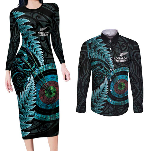 New Zealand Archery Couples Matching Long Sleeve Bodycon Dress and Long Sleeve Button Shirt Aotearoa Silver Fern Maori - Aussie Hoodie