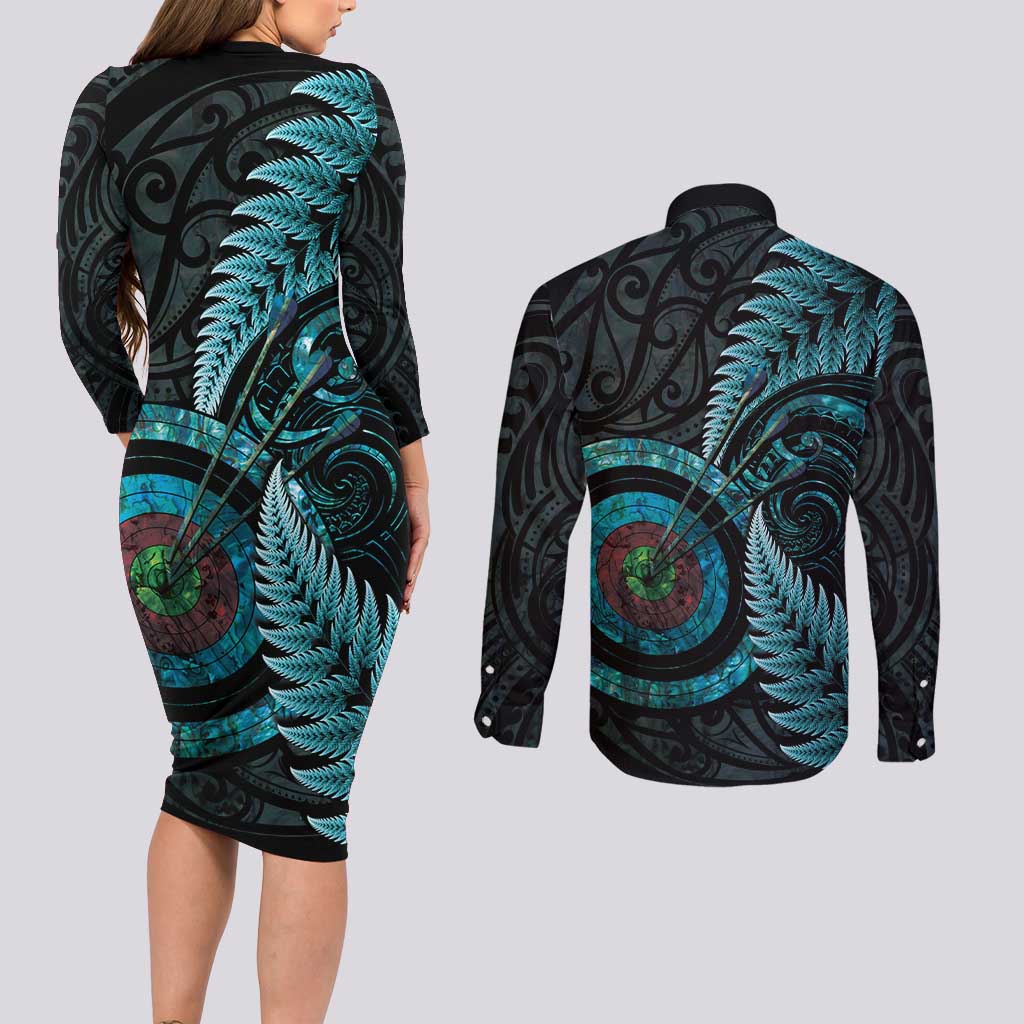 New Zealand Archery Couples Matching Long Sleeve Bodycon Dress and Long Sleeve Button Shirt Aotearoa Silver Fern Maori - Aussie Hoodie