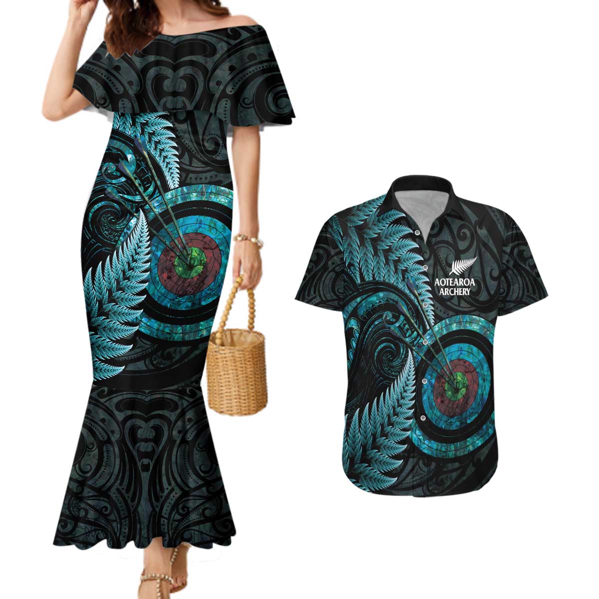 New Zealand Archery Couples Matching Mermaid Dress and Hawaiian Shirt Aotearoa Silver Fern Maori - Aussie Hoodie