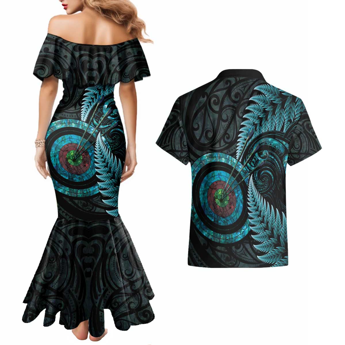 New Zealand Archery Couples Matching Mermaid Dress and Hawaiian Shirt Aotearoa Silver Fern Maori - Aussie Hoodie
