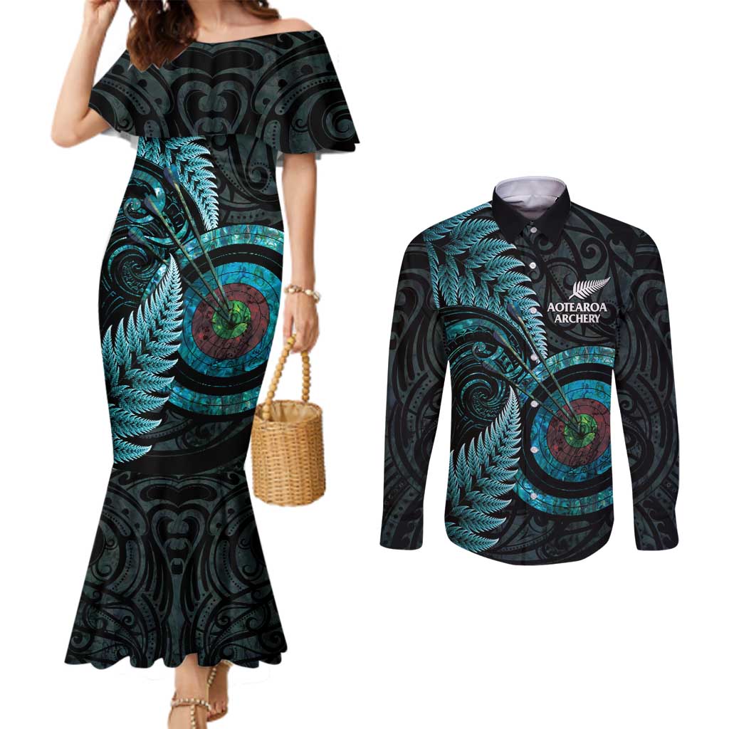 New Zealand Archery Couples Matching Mermaid Dress and Long Sleeve Button Shirt Aotearoa Silver Fern Maori - Aussie Hoodie