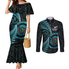 New Zealand Archery Couples Matching Mermaid Dress and Long Sleeve Button Shirt Aotearoa Silver Fern Maori - Aussie Hoodie
