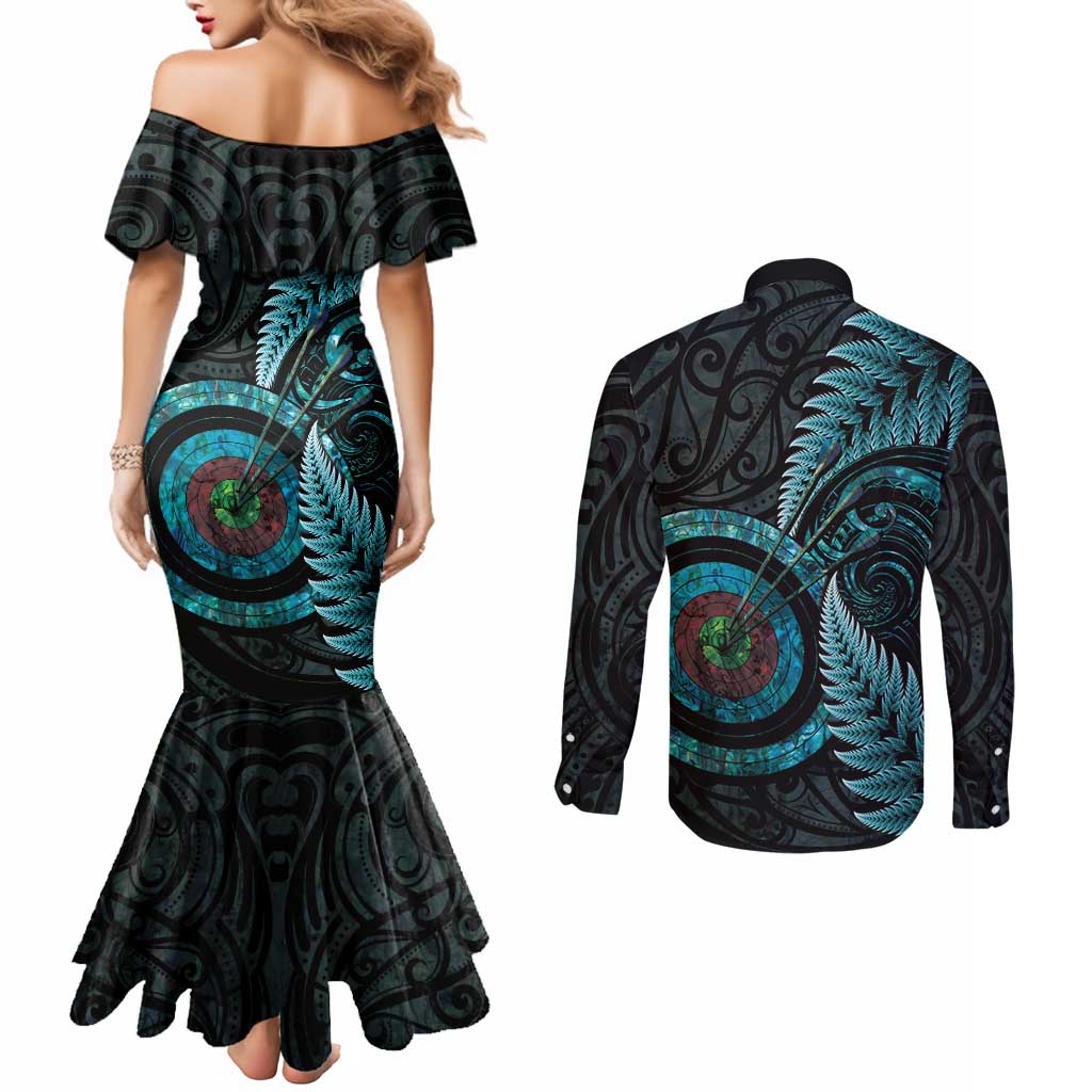 New Zealand Archery Couples Matching Mermaid Dress and Long Sleeve Button Shirt Aotearoa Silver Fern Maori - Aussie Hoodie