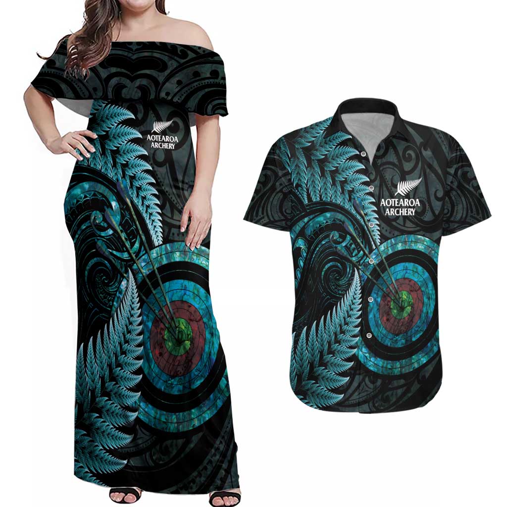 New Zealand Archery Couples Matching Off Shoulder Maxi Dress and Hawaiian Shirt Aotearoa Silver Fern Maori - Aussie Hoodie