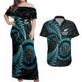New Zealand Archery Couples Matching Off Shoulder Maxi Dress and Hawaiian Shirt Aotearoa Silver Fern Maori - Aussie Hoodie