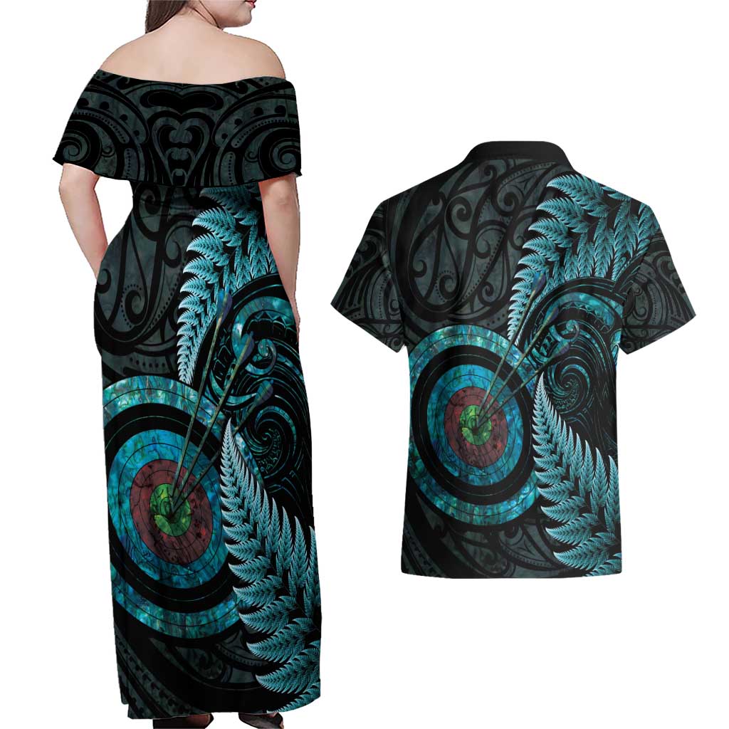 New Zealand Archery Couples Matching Off Shoulder Maxi Dress and Hawaiian Shirt Aotearoa Silver Fern Maori - Aussie Hoodie