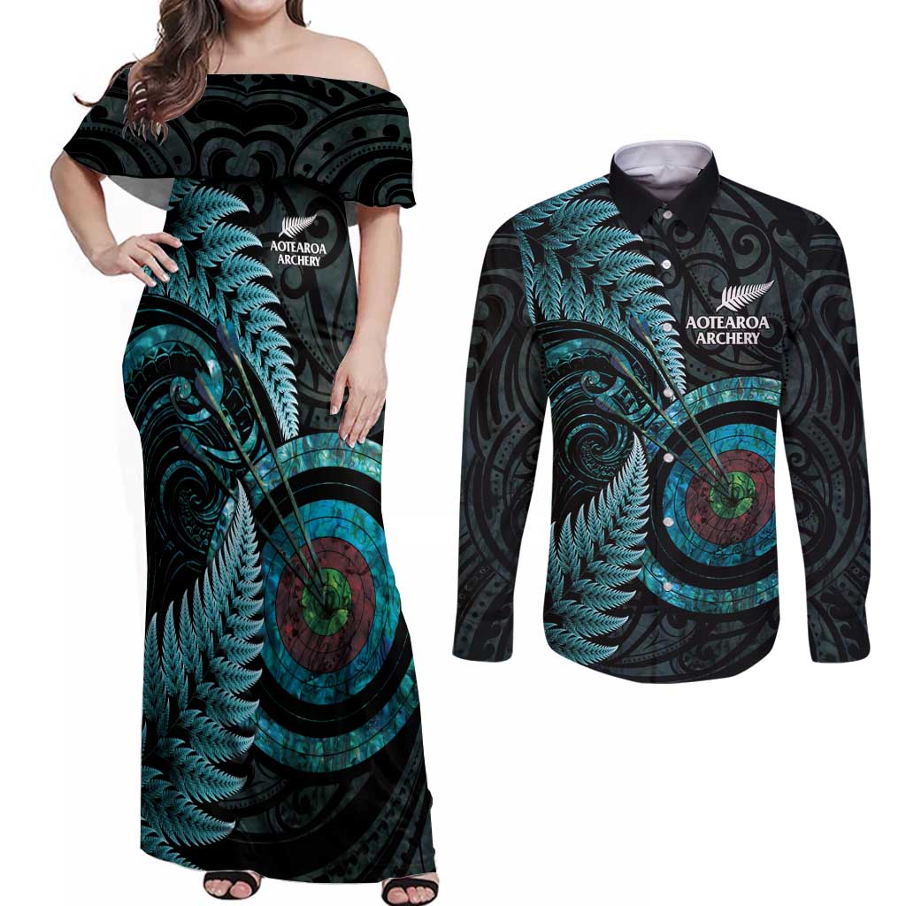 New Zealand Archery Couples Matching Off Shoulder Maxi Dress and Long Sleeve Button Shirt Aotearoa Silver Fern Maori - Aussie Hoodie