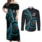 New Zealand Archery Couples Matching Off Shoulder Maxi Dress and Long Sleeve Button Shirt Aotearoa Silver Fern Maori - Aussie Hoodie