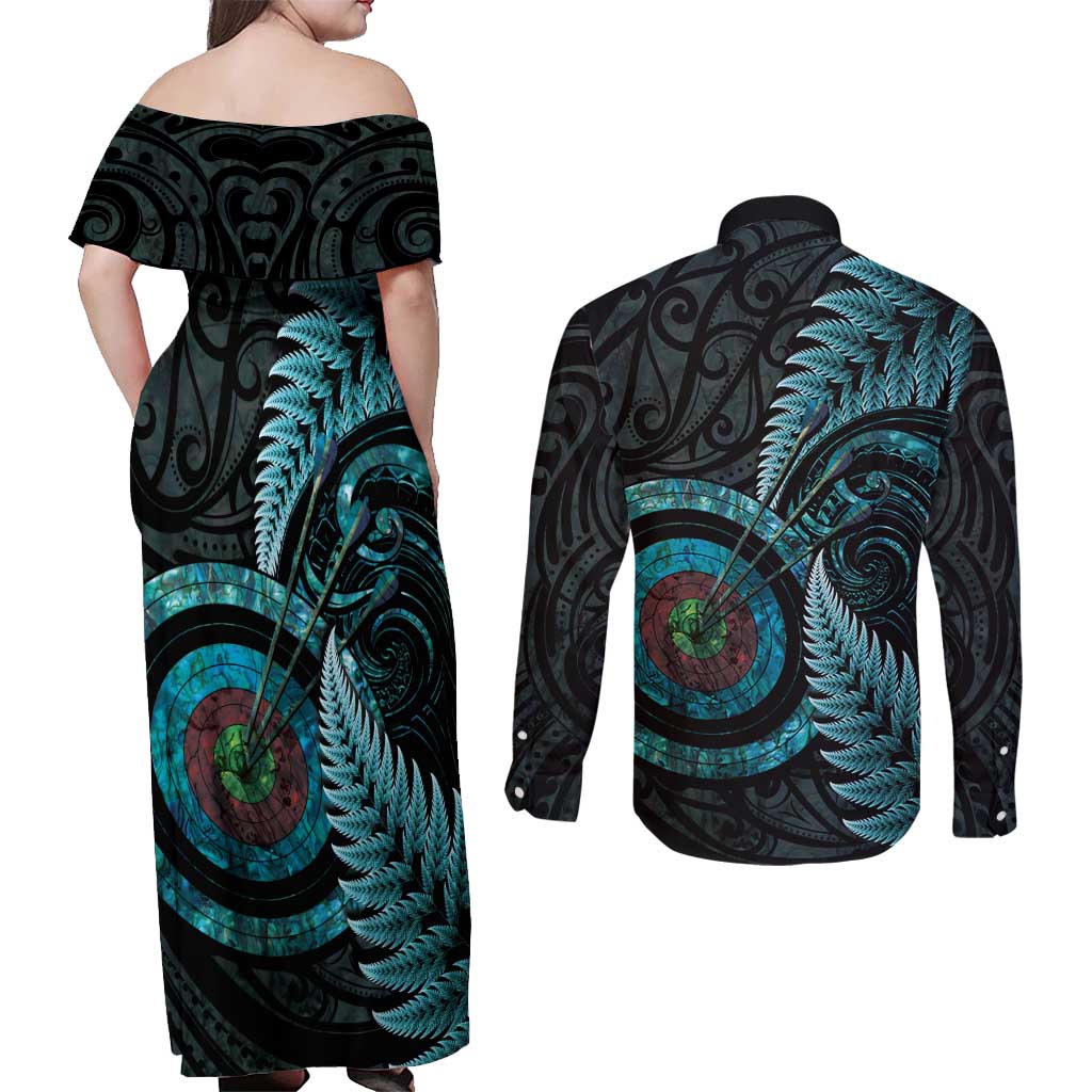 New Zealand Archery Couples Matching Off Shoulder Maxi Dress and Long Sleeve Button Shirt Aotearoa Silver Fern Maori - Aussie Hoodie