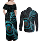 New Zealand Archery Couples Matching Off Shoulder Maxi Dress and Long Sleeve Button Shirt Aotearoa Silver Fern Maori - Aussie Hoodie